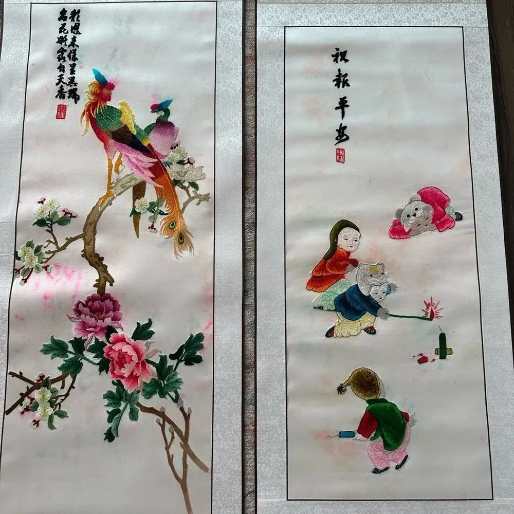 Vintage Chinese Silk Kesi Needlepoint Embroidered Tapestry Scroll 5 Panels Piece